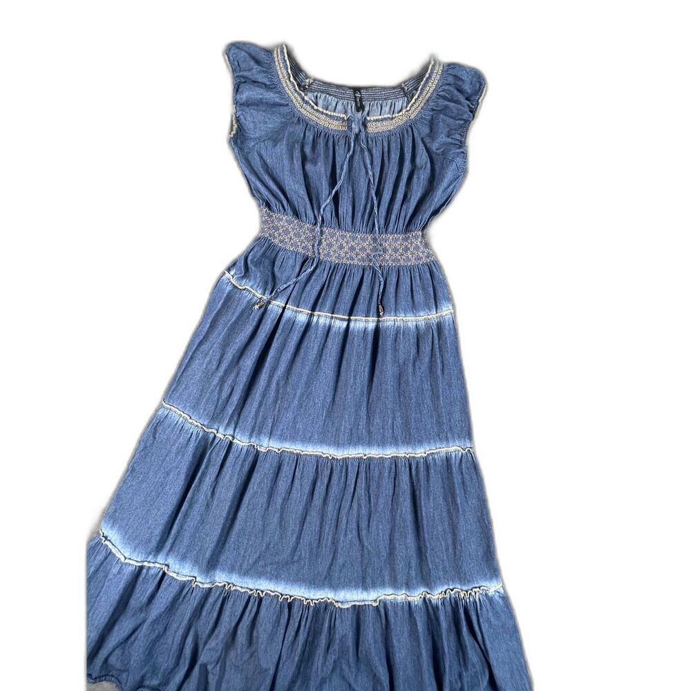 Indigo & Lace Blue Denim Look Tiered Smocked Peasant Maxi Dress XL
